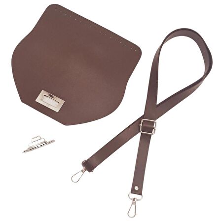 Suni Deri 21x19 cm Kapaklı ve Ayarlı Saplı Çanta Seti Koyu Kahverengi Gümüş Metalli