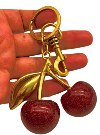 Angel Çanta Aksesuar Kırmızı Simli  Kiraz Anahtarlık , Çanta Süsü Antik- Gold Metalli