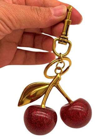 Angel Çanta Aksesuar Kırmızı Simli  Kiraz Anahtarlık , Çanta Süsü Antik- Gold Metalli