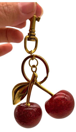 Angel Çanta Aksesuar Kırmızı Simli  Kiraz Anahtarlık , Çanta Süsü Antik- Gold Metalli