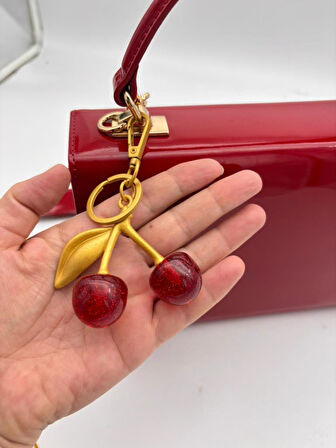 Angel Çanta Aksesuar Kırmızı Simli  Kiraz Anahtarlık , Çanta Süsü Antik- Gold Metalli