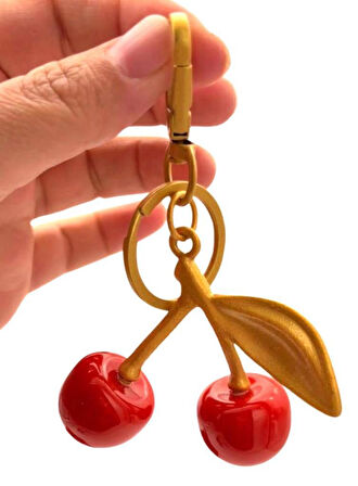 Angel Çanta Aksesuar Kırmızı  Kiraz Anahtarlık , Çanta Süsü Antik- Gold Metalli