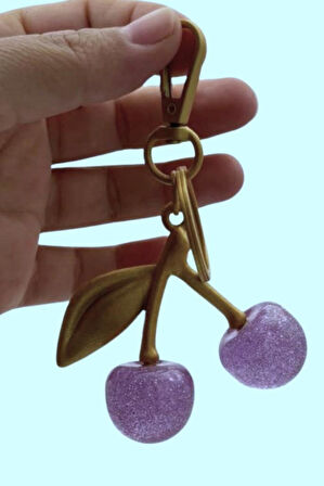 Angel Çanta Aksesuar Lila Simli Kiraz Anahtarlık , Çanta Süsü Antik- Gold Metalli