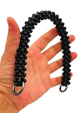 Angel Çanta Aksesuar 31 cm Siyah Boncuklu Kare Model Çanta Sapı Light Gold Metalli