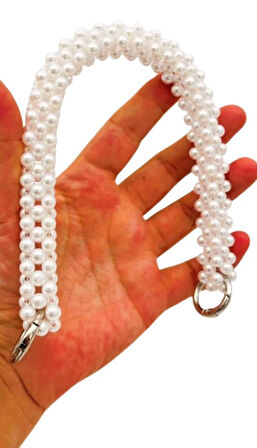 Angel Çanta Aksesuar 31 cm Beyaz Boncuklu Kare Model Çanta Sapı Yaylı Halkalı