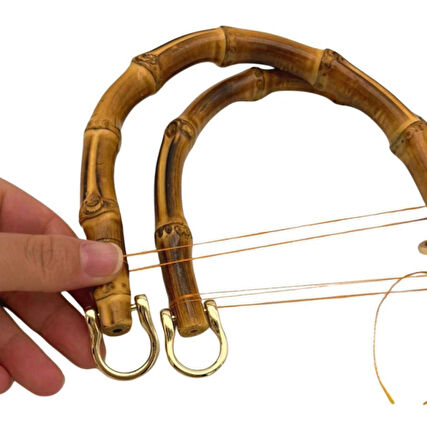 Angel Çanta Aksesuar 18 cm Çift Gerçek Bambu Çanta Sapı Düz Halkalı (Light Gold Metalli)