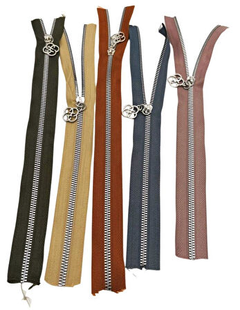 Angel Çanta Aksesuar Başlıklı Fermuar Set 30 Cm Gümüş Metal 5 Adet (Haki ,Bej, Taba, Gri, Vizon) 