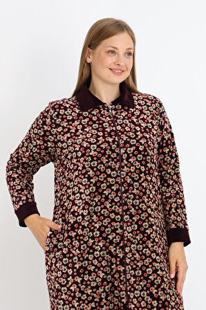 Kadın Büyük Beden Çiçek Desenli Pamuklu Kadife Fermuarlı Cepli Elbise