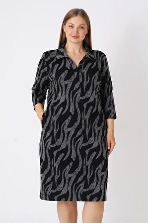 Kadın Büyük Beden Siyah Desenli Likralı Cepli Anvelop Jakarlı Elbise