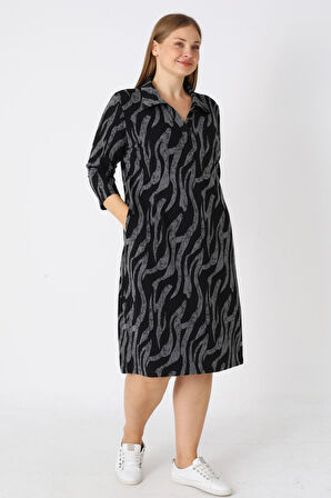 Kadın Büyük Beden Siyah Desenli Likralı Cepli Anvelop Jakarlı Elbise