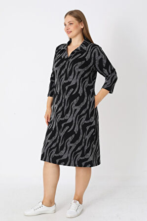 Kadın Büyük Beden Siyah Desenli Likralı Cepli Anvelop Jakarlı Elbise