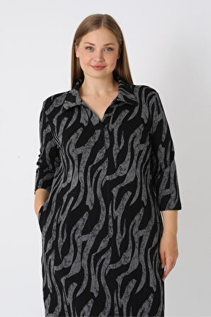 Kadın Büyük Beden Siyah Desenli Likralı Cepli Anvelop Jakarlı Elbise