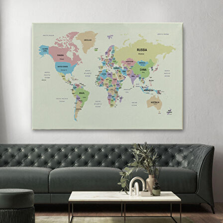 Harita Sepeti Dünya Haritası Kanvas Tablo Ülke Başkent Detaylı ve Dekoratif 2603