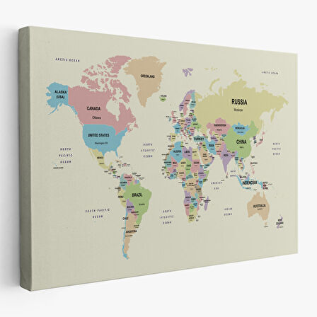 Harita Sepeti Dünya Haritası Kanvas Tablo Ülke Başkent Detaylı ve Dekoratif 2603