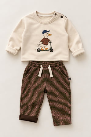 Bebek Takımı | Ördek Baskılı | 6 Ay–4 Yaş | Kız & Erkek | Lacivert, Kahverengi, Bej | RG415