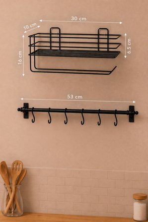Mutfak Düzenleyici Set Yapışkanlı Baharatlık Rafı Kağıt Havluluk ve 6 Kancalı Kupa Askısı Siyah RT-2