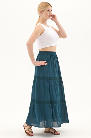 Şile Bezi Petrol Uzun Yazlık Dantelli Etek