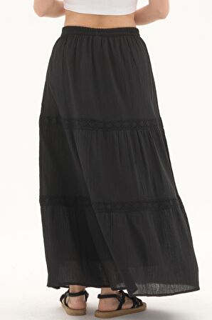 Şile Bezi Siyah Uzun Yazlık Dantelli Etek