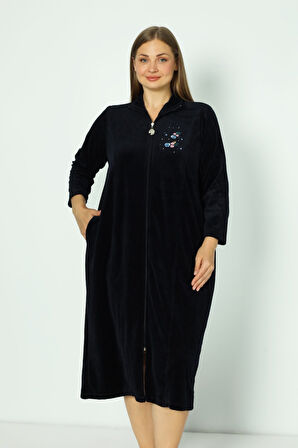 Lacivert Boydan Fermuarlı Pamuklu Kadife Truvakar Kollu Kadife Elbise