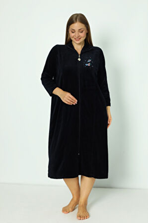 Lacivert Boydan Fermuarlı Pamuklu Kadife Truvakar Kollu Kadife Elbise