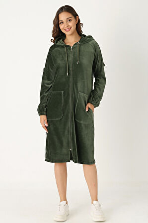 Kadın Haki Kapüşonlu Fermuarlı Pamuklu Kadife Cepli Elbise