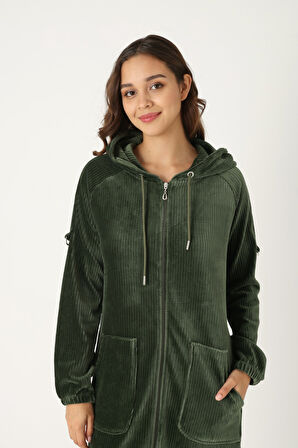 Kadın Haki Kapüşonlu Fermuarlı Pamuklu Kadife Cepli Elbise