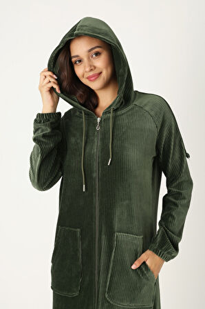 Kadın Haki Kapüşonlu Fermuarlı Pamuklu Kadife Cepli Elbise