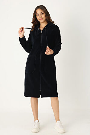 Kadın Siyah  Kapüşonlu Fermuarlı Pamuklu Kadife Cepli Elbise