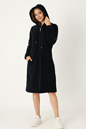 Kadın Siyah  Kapüşonlu Fermuarlı Pamuklu Kadife Cepli Elbise