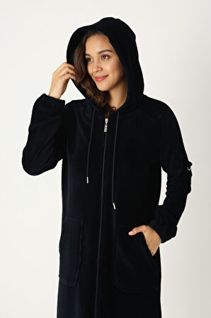 Kadın Siyah  Kapüşonlu Fermuarlı Pamuklu Kadife Cepli Elbise