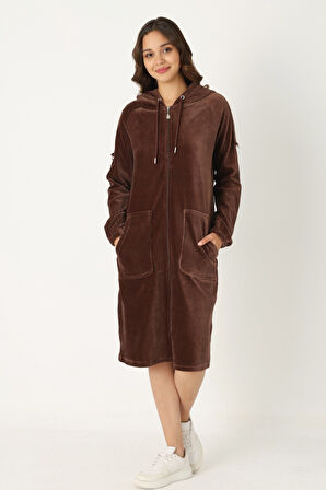 Kadın Haki Kapüşonlu Fermuarlı Pamuklu Kadife Cepli Elbise