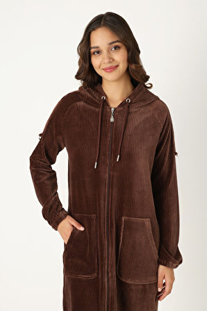 Kadın Haki Kapüşonlu Fermuarlı Pamuklu Kadife Cepli Elbise