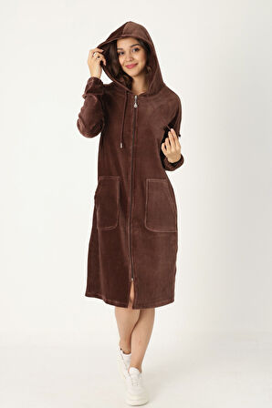 Kadın Haki Kapüşonlu Fermuarlı Pamuklu Kadife Cepli Elbise