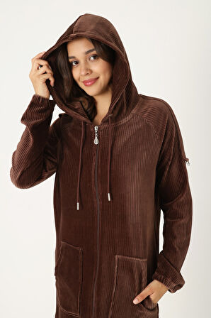 Kadın Haki Kapüşonlu Fermuarlı Pamuklu Kadife Cepli Elbise