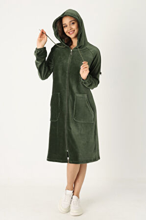 Kadın Haki Kapüşonlu Fermuarlı Pamuklu Kadife Cepli Elbise