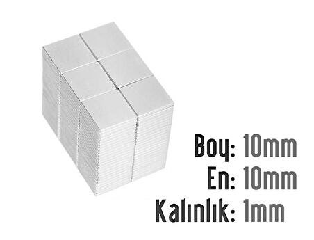 Neodyum Mıknatıs Köşeli  10x10mm , Kalıklık 1 mm (10 Adet)