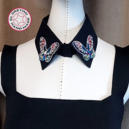 Uretti - Sümeyya 2589 0620 El Yapımı Kadın Kelebek Desenli Siyah Seyyar Yaka Boncuklu Choker Kolye