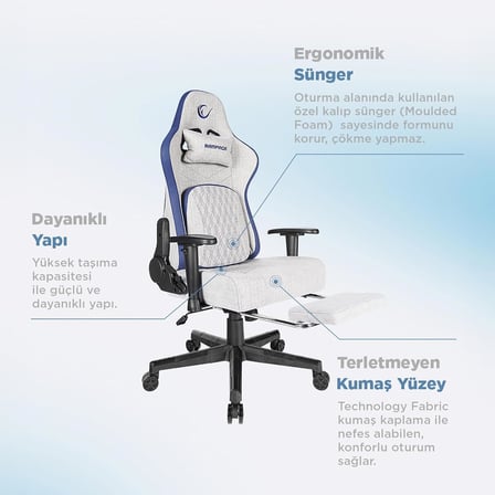 MC-8663B Typhoon Oyuncu Koltuğu Gri Mavi, Terletmez Kumaş, Yatabilen Sırt, Yükseklik Ayarlı Kol Desteği, Ergonomik Gaming Chair, 120-139 kg Taşıma Kapasitesi, 2 Yıl Garanti Dayanıklı