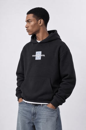 Erkek Sky Patch Detaylı Oversize Hoodie Siyah