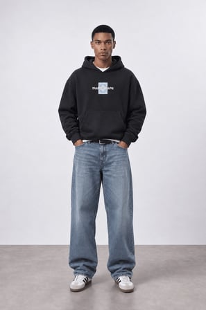 Erkek Sky Patch Detaylı Oversize Hoodie Siyah