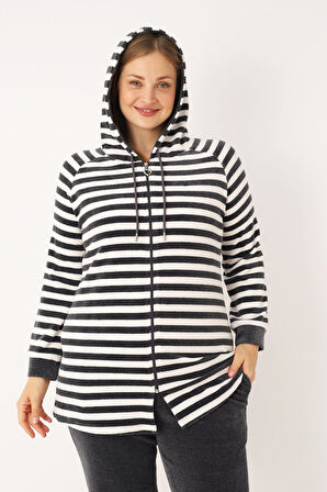 Çizgili Kapüşonlu Fermuarlı Cepli Uzun Kollu Alt-Üst Eşofman Takımı