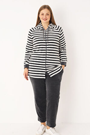 Çizgili Kapüşonlu Fermuarlı Cepli Uzun Kollu Alt-Üst Eşofman Takımı