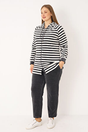 Çizgili Kapüşonlu Fermuarlı Cepli Uzun Kollu Alt-Üst Eşofman Takımı