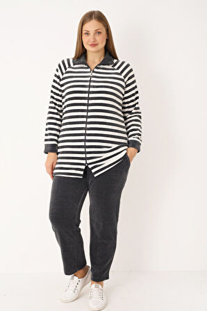 Çizgili Uzun Kollu Cepli Pamuklu Kadife Fermuarlı Balıkçı Yaka Kadın Büyük Beden Eşofman Takımı