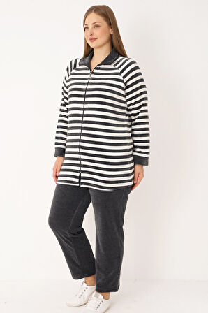 Çizgili Uzun Kollu Cepli Pamuklu Kadife Fermuarlı Balıkçı Yaka Kadın Büyük Beden Eşofman Takımı