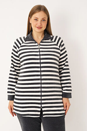 Çizgili Uzun Kollu Cepli Pamuklu Kadife Fermuarlı Balıkçı Yaka Kadın Büyük Beden Eşofman Takımı