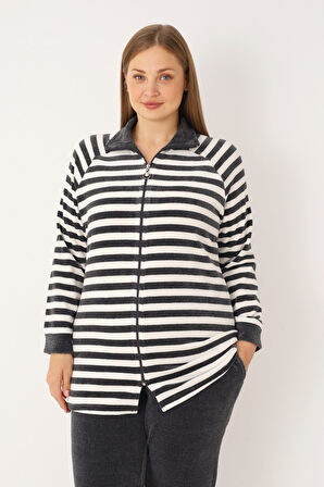 Çizgili Uzun Kollu Cepli Pamuklu Kadife Fermuarlı Balıkçı Yaka Kadın Büyük Beden Eşofman Takımı