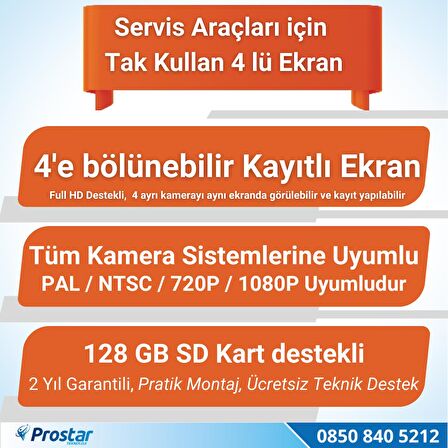 Kayıtlı 4 Kamera Dahil 7 inç Monitörlü Araç Kamera Seti 128 GB SD Kart Desteği