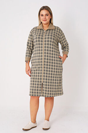 Desenli Fermuarlı Jakarlı Balıkçı Yaka Cepli Truvakar Kollu Kadın Büyük Beden Elbise