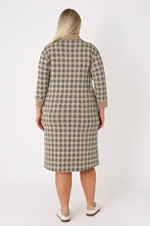 Desenli Fermuarlı Jakarlı Balıkçı Yaka Cepli Truvakar Kollu Kadın Büyük Beden Elbise